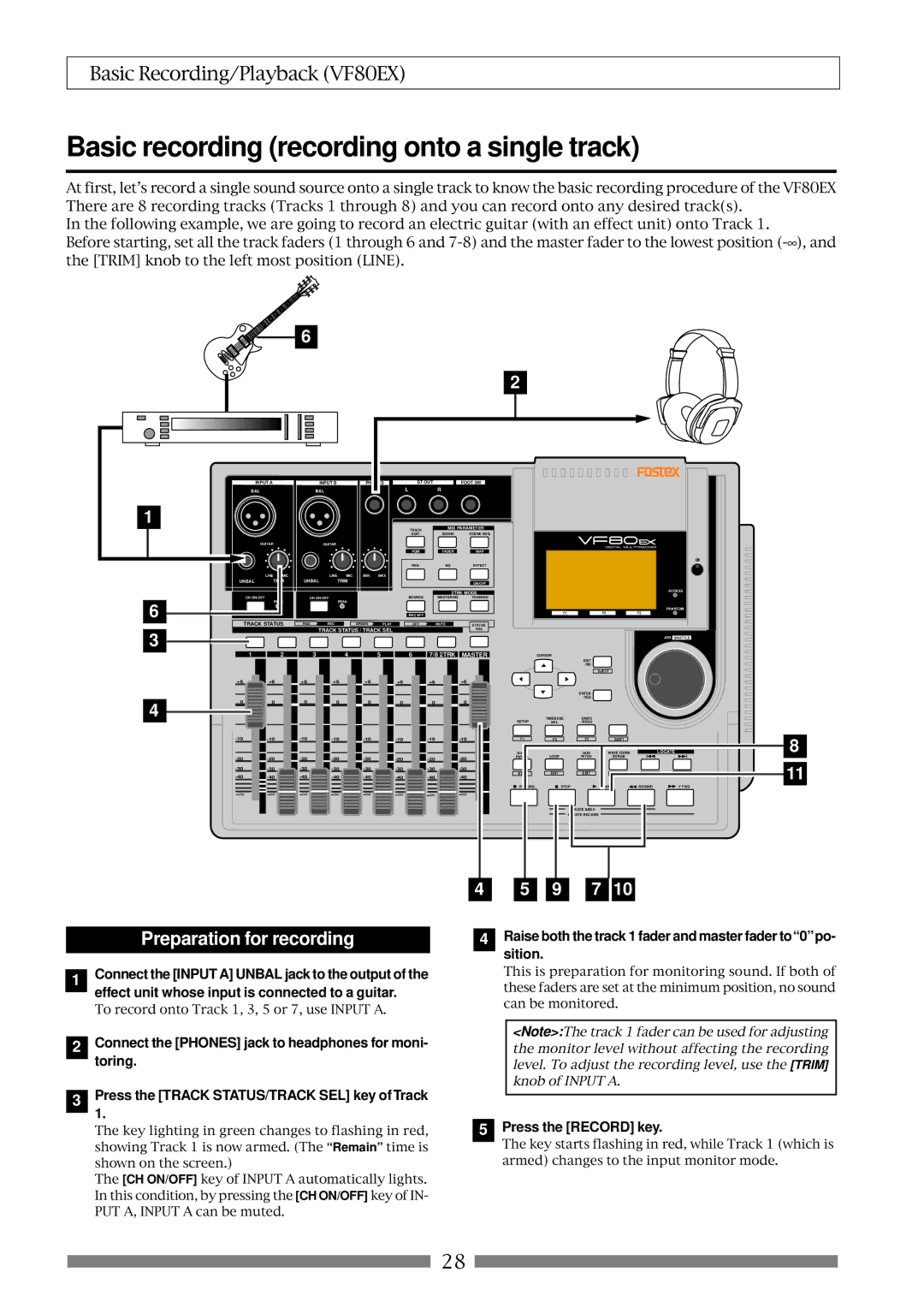 Fostex VF80EX owner manual Basic recording recording onto a single track, Preparation for recording, Press the Record key 