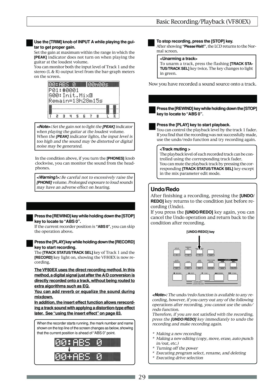 Fostex VF80EX owner manual Recording, Playback, Undo/Redo 