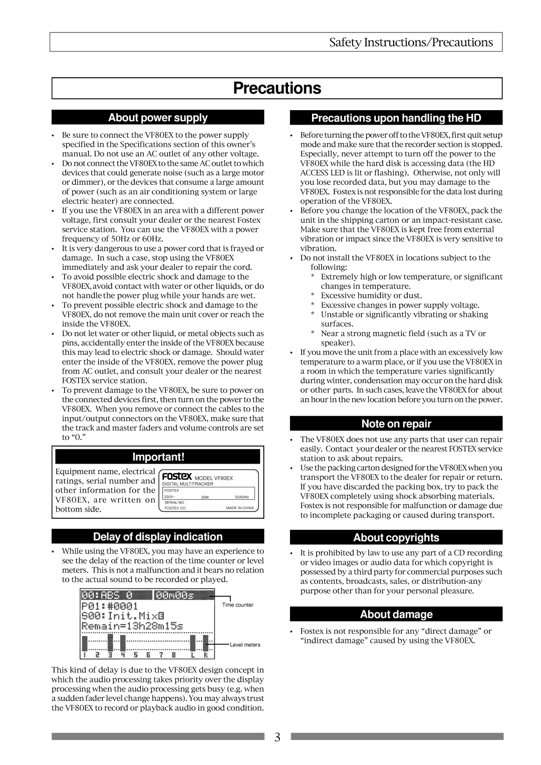 Fostex VF80EX owner manual Precautions 