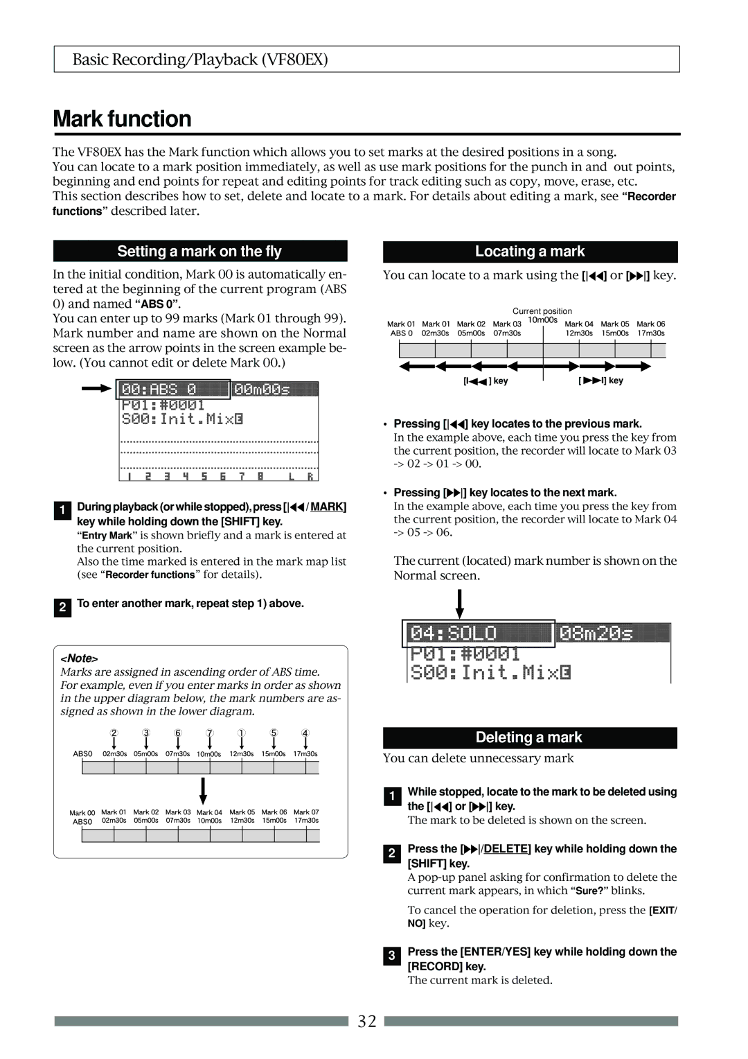 Fostex VF80EX owner manual Mark function, Setting a mark on the fly, Locating a mark, Deleting a mark 