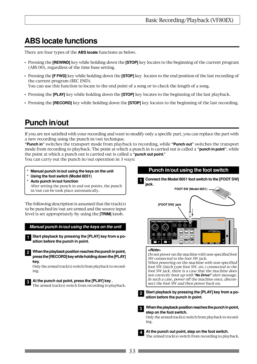 Fostex VF80EX owner manual ABS locate functions, Punch in/out using the foot switch 