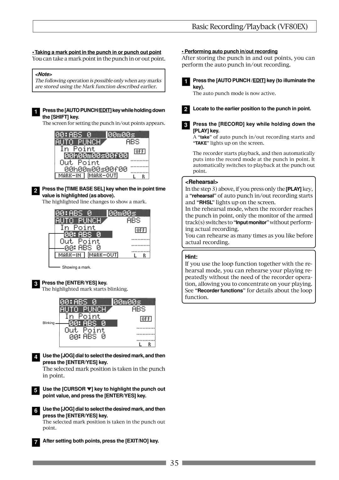 Fostex VF80EX owner manual Rehearsal, Hint, Taking a mark point in the punch in or punch out point 