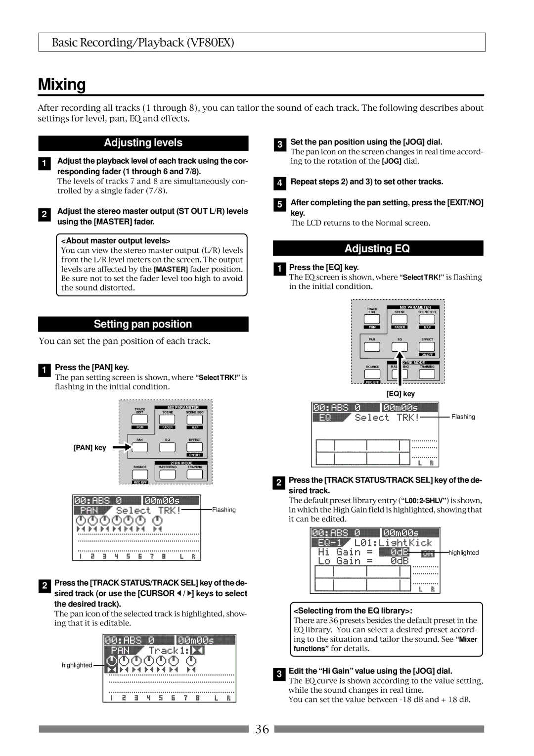 Fostex VF80EX owner manual Mixing, Adjusting levels, Setting pan position, Adjusting EQ 