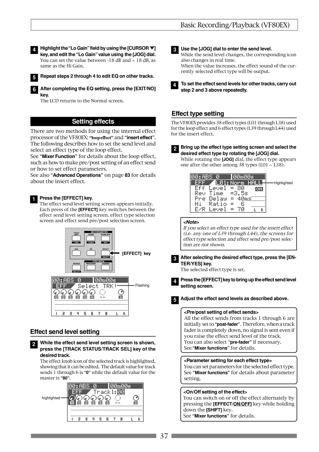 Fostex VF80EX owner manual Setting effects, Effect type setting, Effect send level setting 