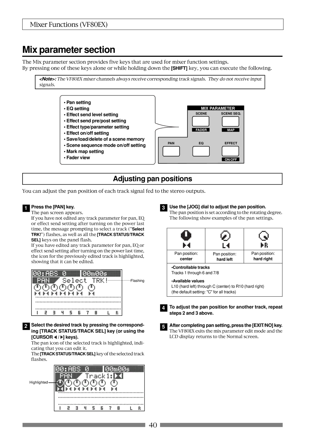 Fostex VF80EX owner manual Mix parameter section, Adjusting pan positions, Use the JOG dial to adjust the pan position 