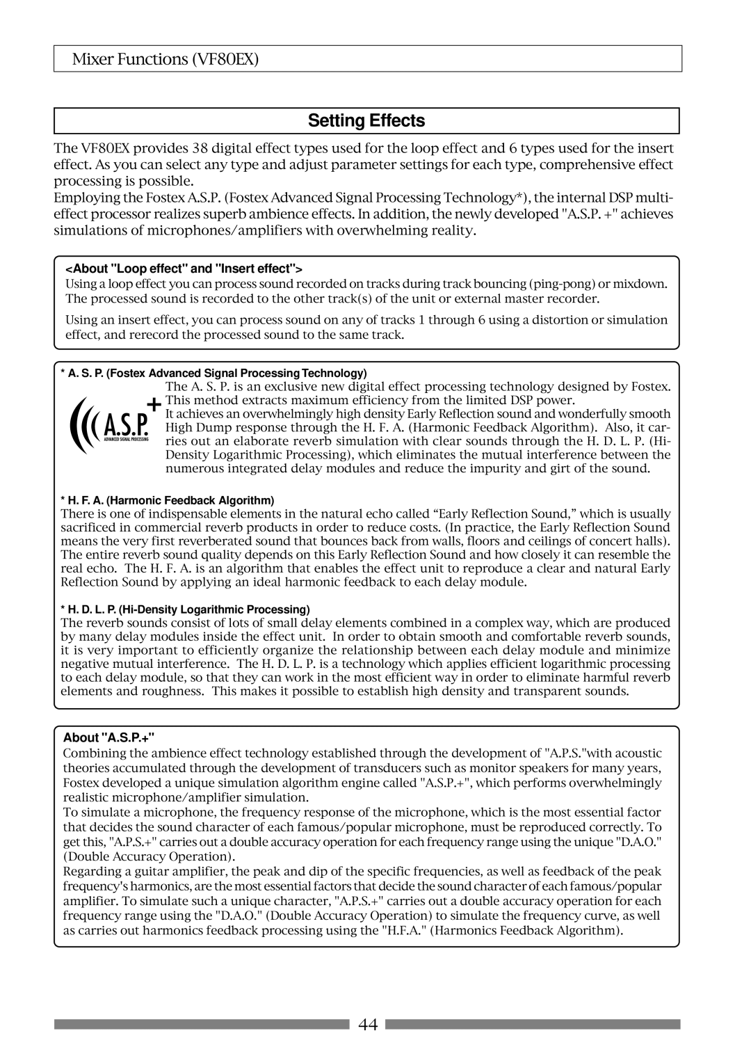 Fostex VF80EX owner manual Setting Effects, About Loop effect and Insert effect, About A.S.P.+ 