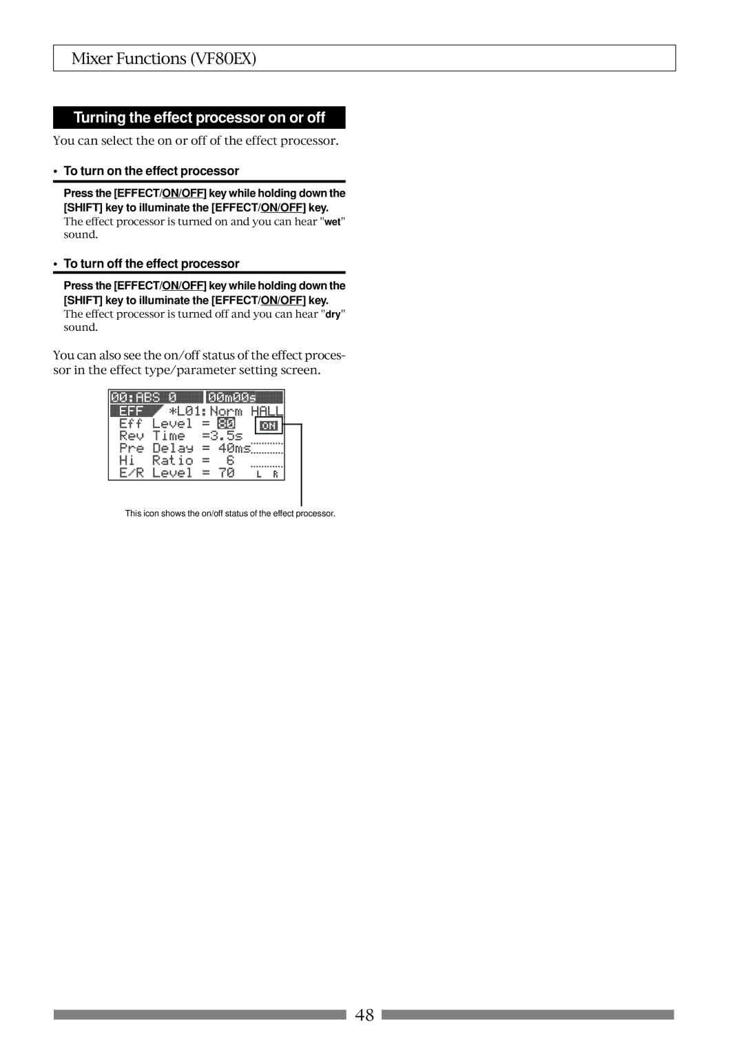 Fostex VF80EX Turning the effect processor on or off, To turn on the effect processor, To turn off the effect processor 