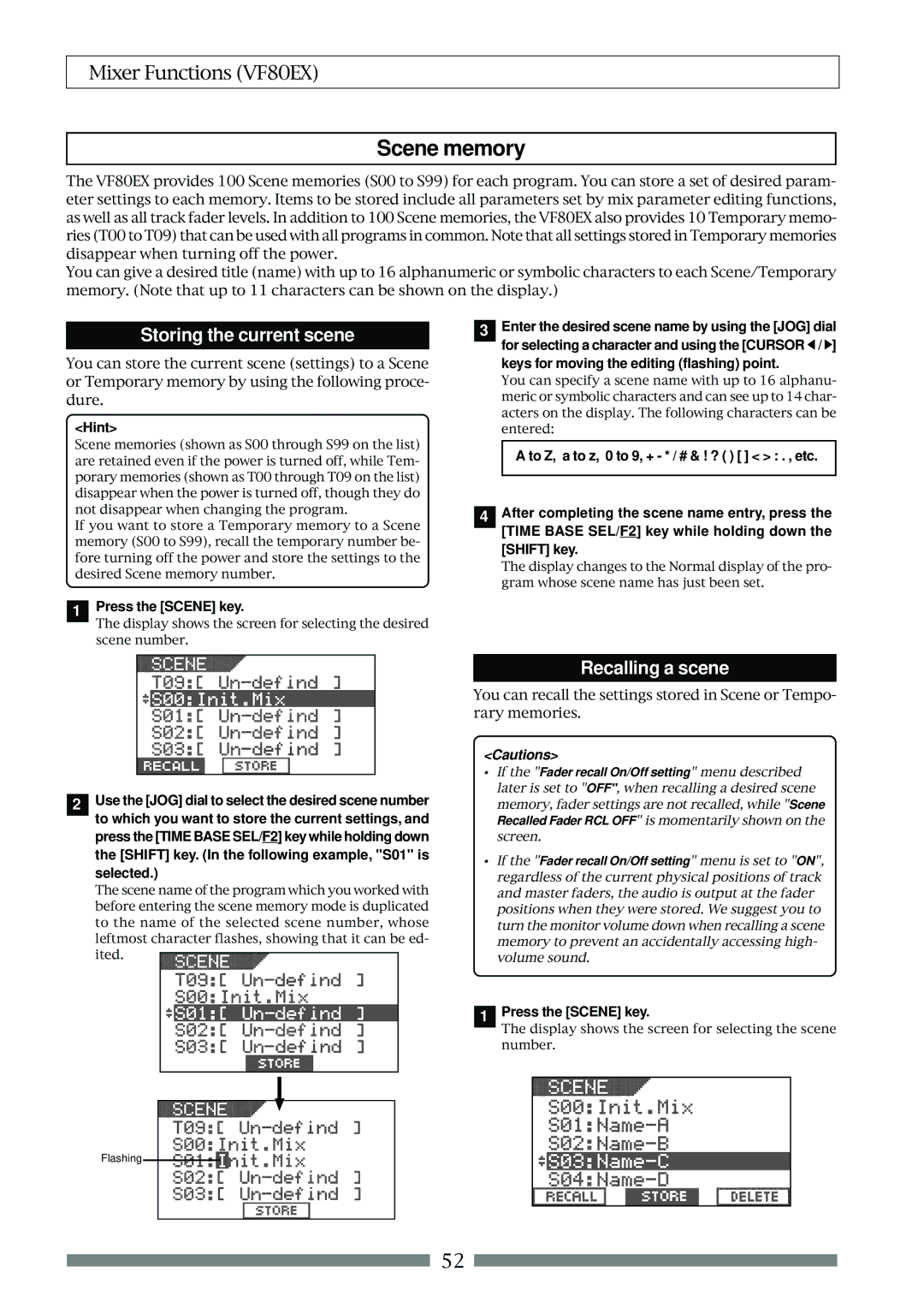 Fostex VF80EX owner manual Scene memory, Storing the current scene, Recalling a scene 