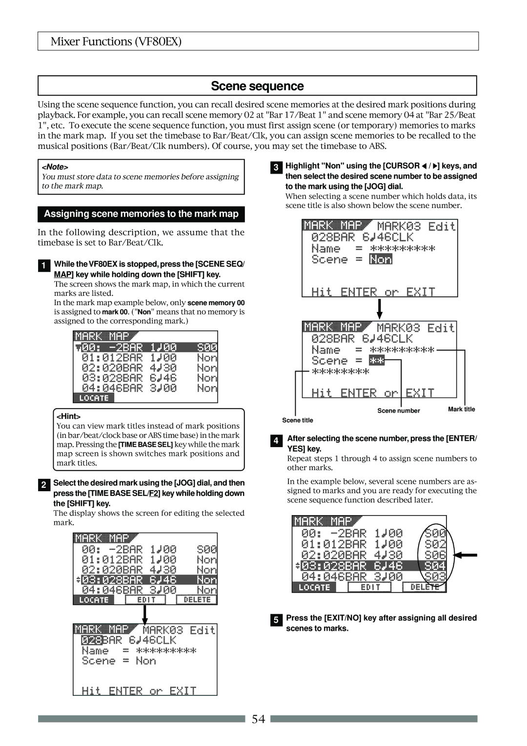 Fostex VF80EX owner manual Scene sequence, After selecting the scene number, press the ENTER/ YES key 