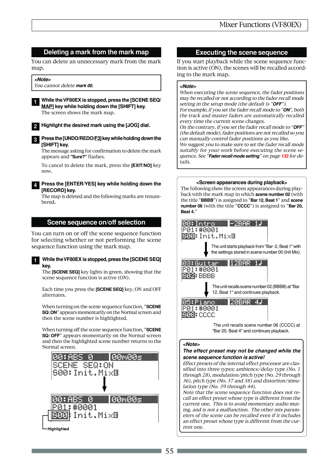 Fostex VF80EX owner manual Deleting a mark from the mark map, Executing the scene sequence, Scene sequence on/off selection 