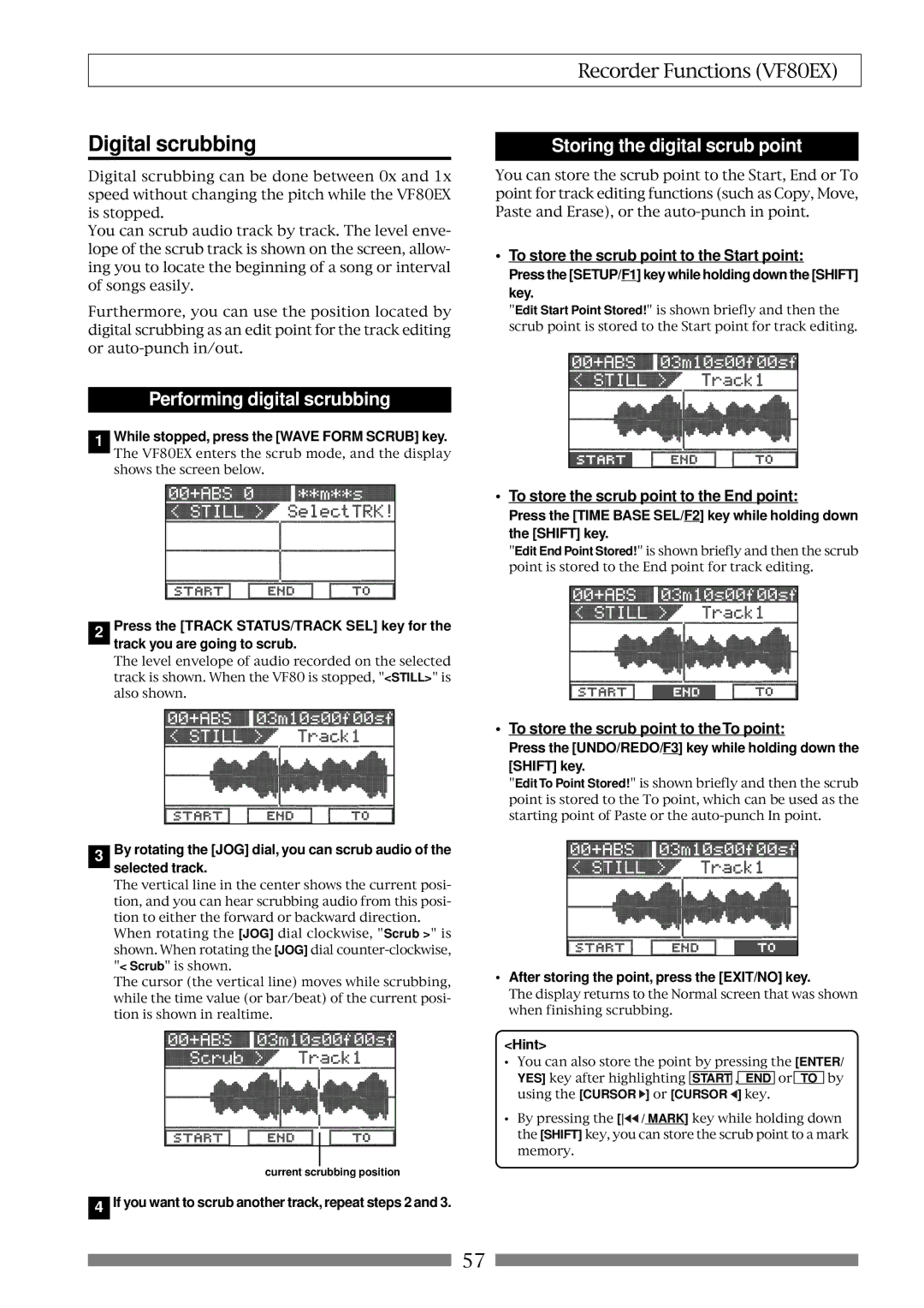 Fostex VF80EX owner manual Digital scrubbing, Storing the digital scrub point, Performing digital scrubbing 