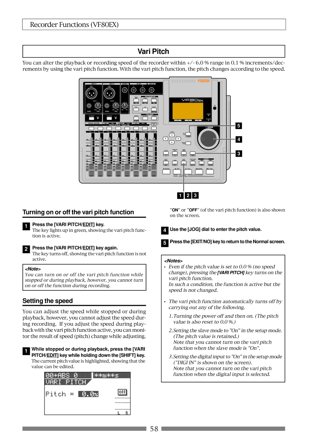 Fostex VF80EX Vari Pitch, Turning on or off the vari pitch function, Setting the speed, Press the Vari PITCH/EDIT key 