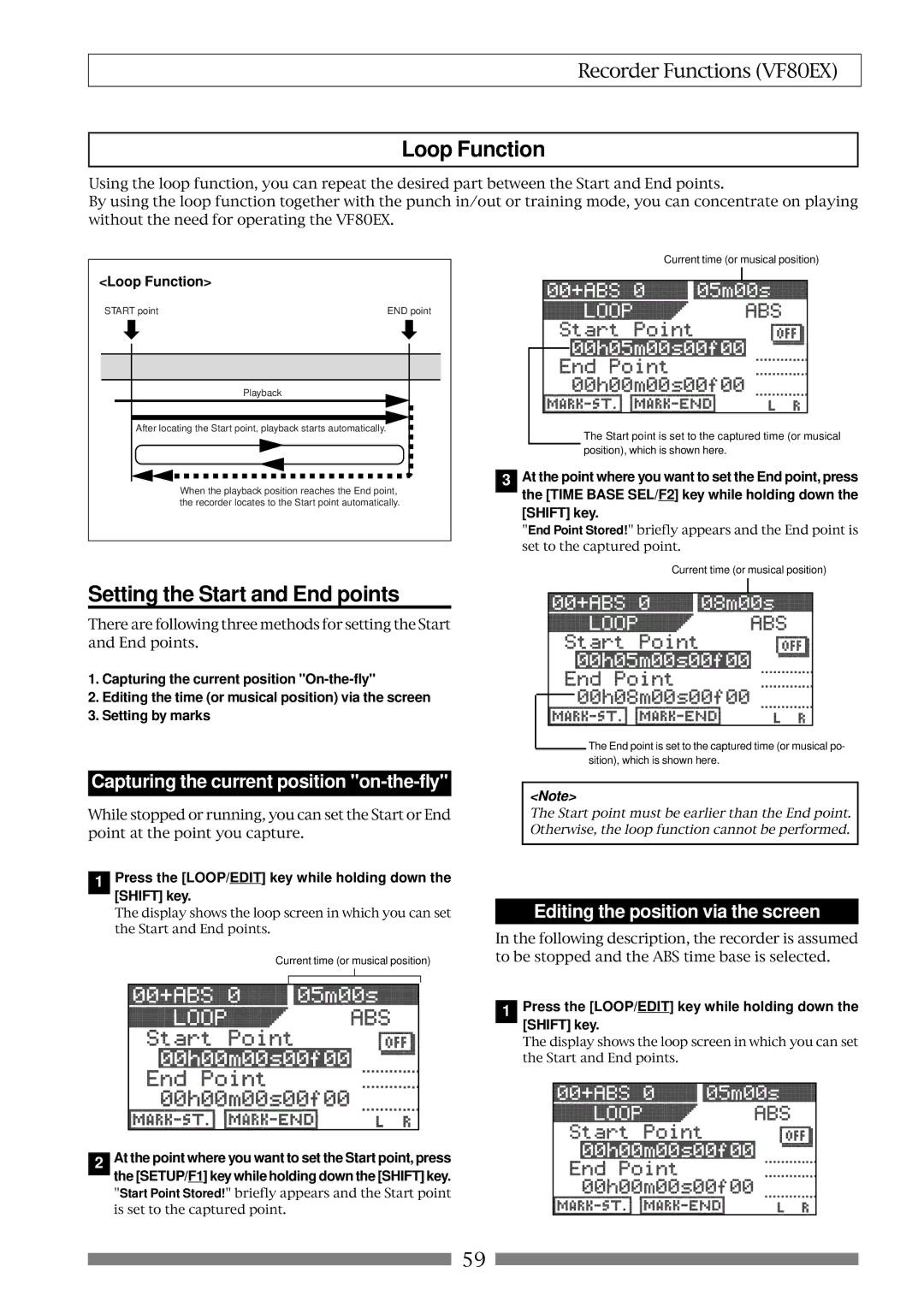 Fostex VF80EX owner manual Loop Function, Setting the Start and End points, Capturing the current position on-the-fly 