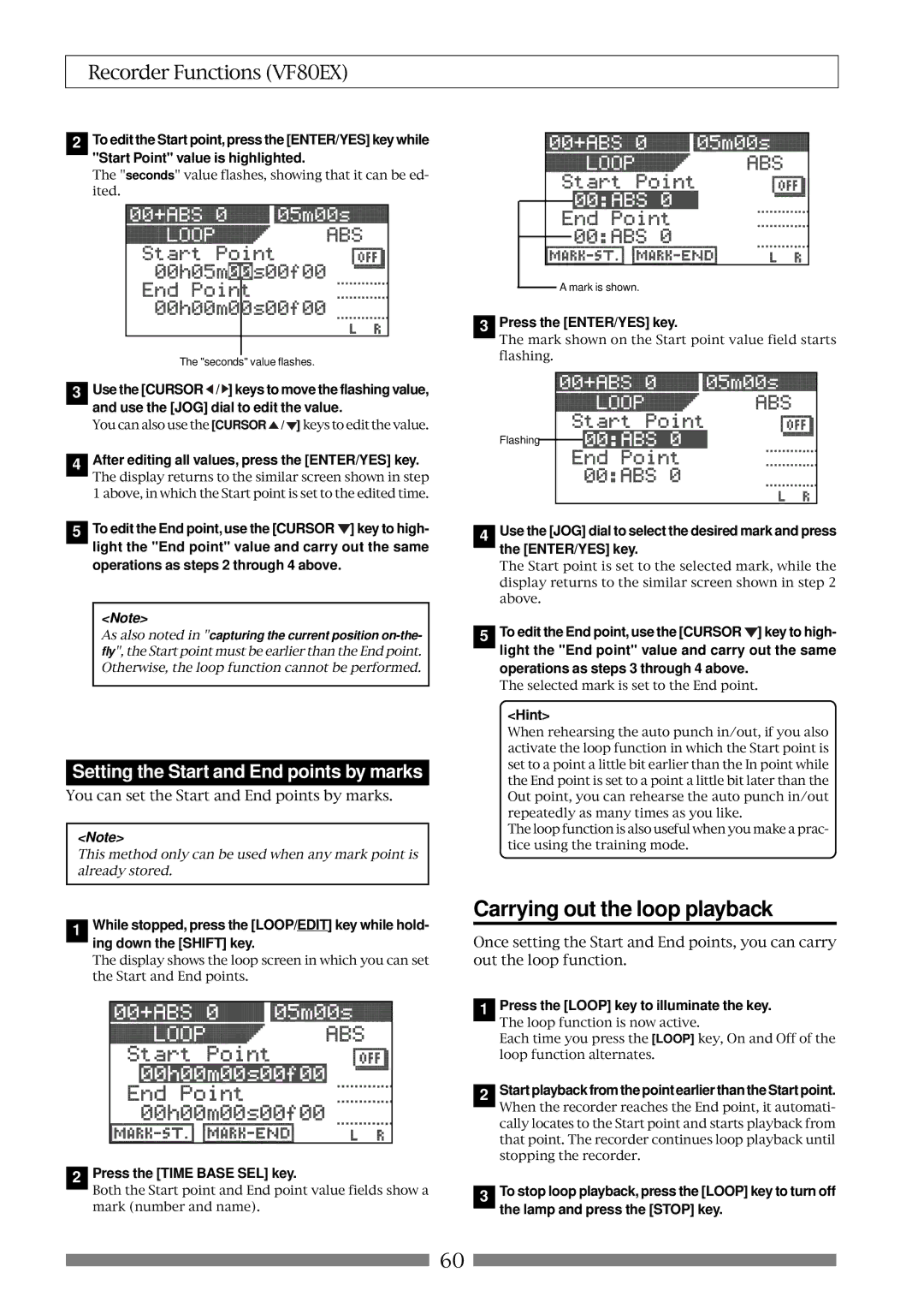 Fostex VF80EX owner manual Carrying out the loop playback, Setting the Start and End points by marks 