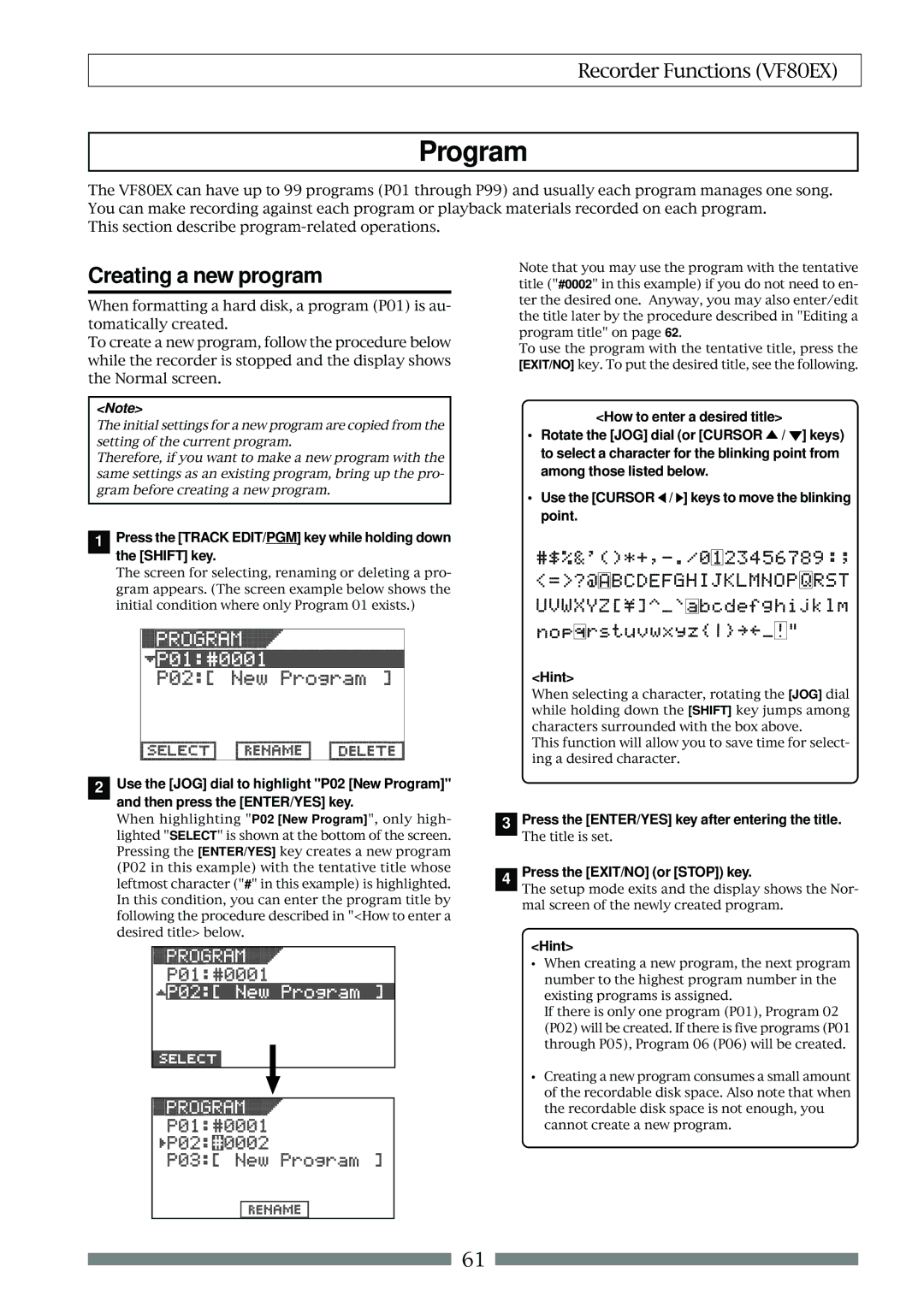 Fostex VF80EX owner manual Program, Creating a new program, Press the ENTER/YES key after entering the title 