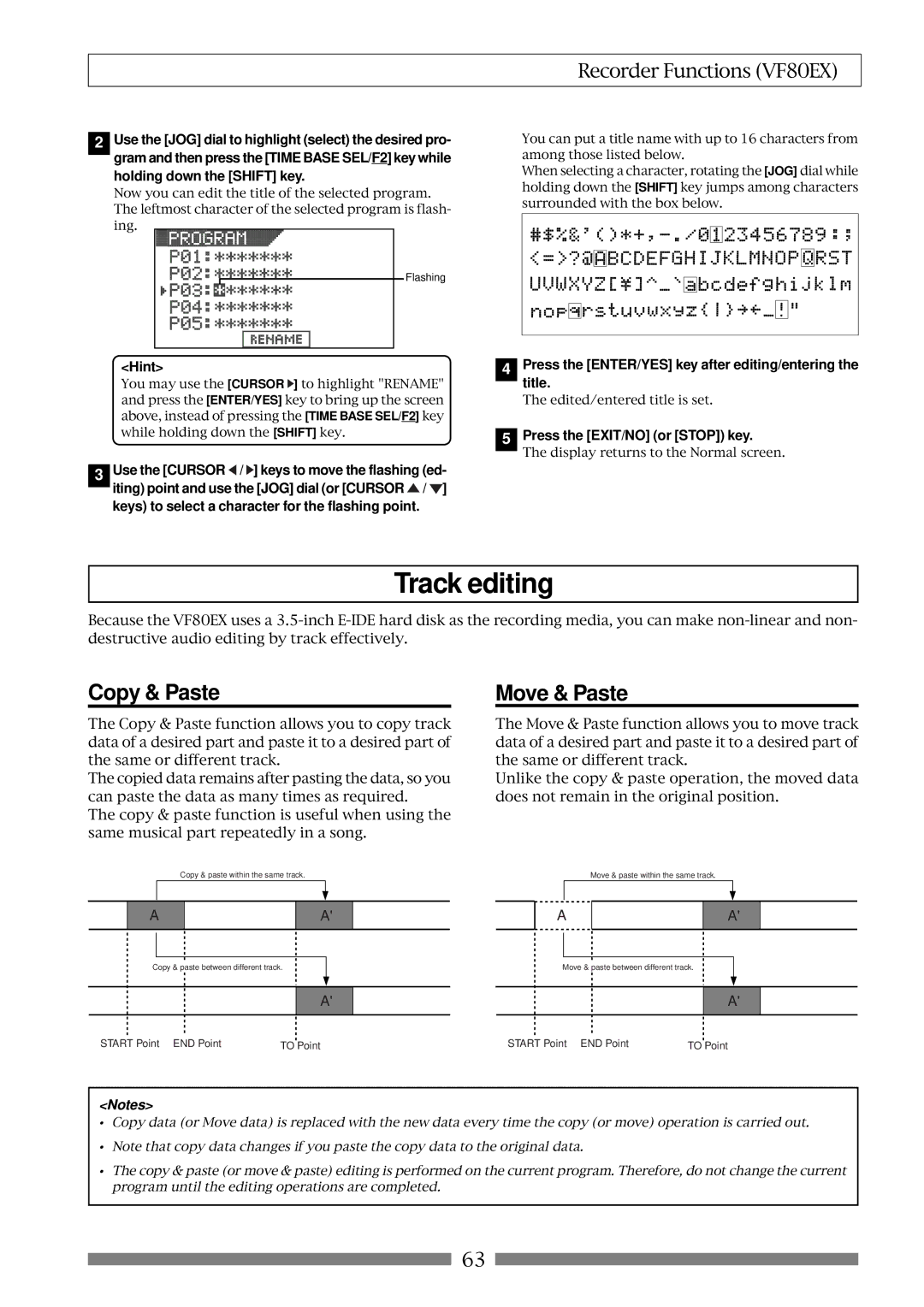 Fostex VF80EX Track editing, Copy & Paste, Move & Paste, Press the ENTER/YES key after editing/entering the title 