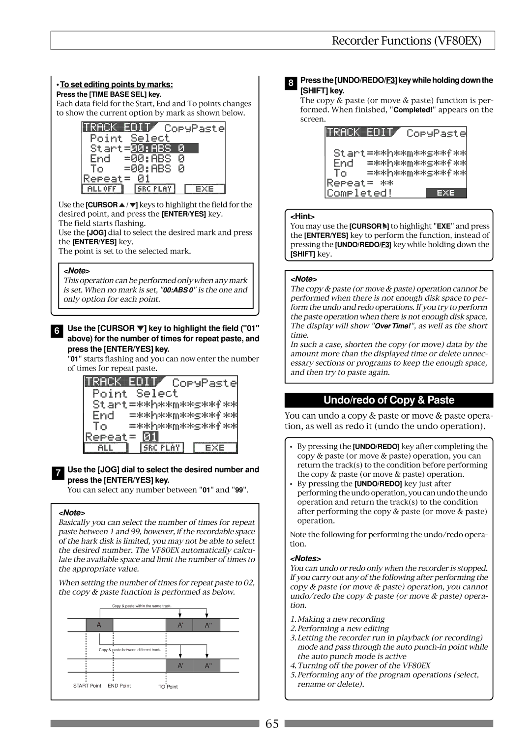 Fostex VF80EX owner manual Undo/redo of Copy & Paste, To set editing points by marks, Press the Time Base SEL key 