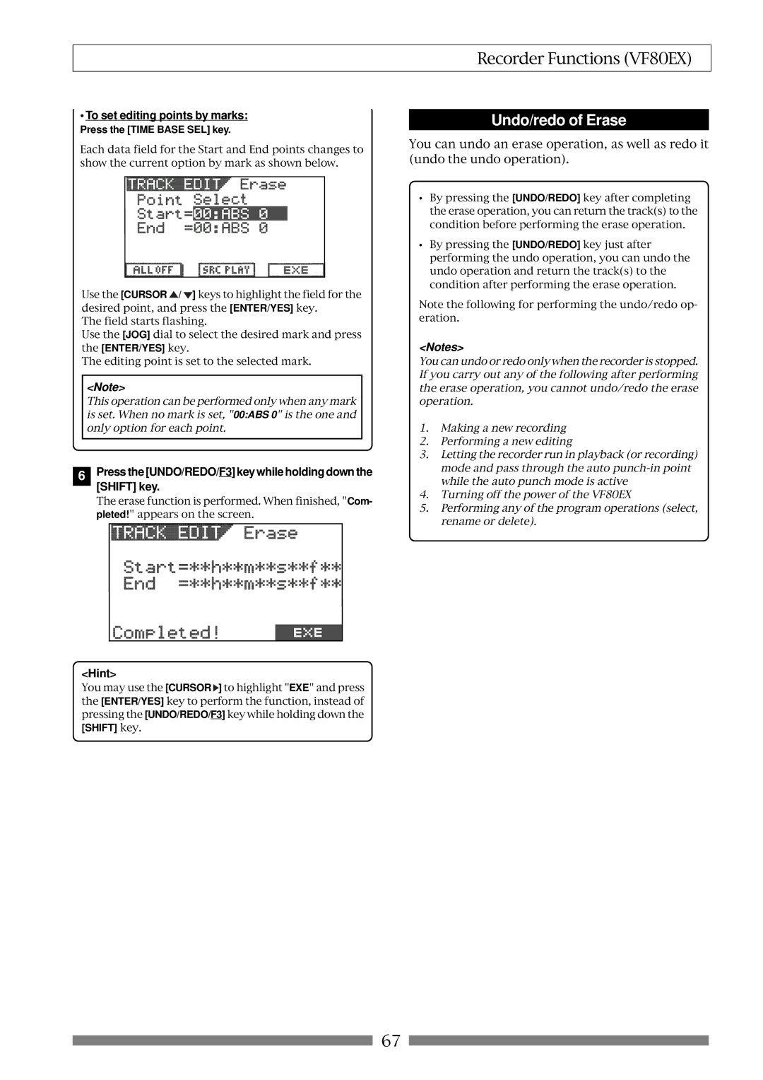 Fostex VF80EX owner manual Undo/redo of Erase 