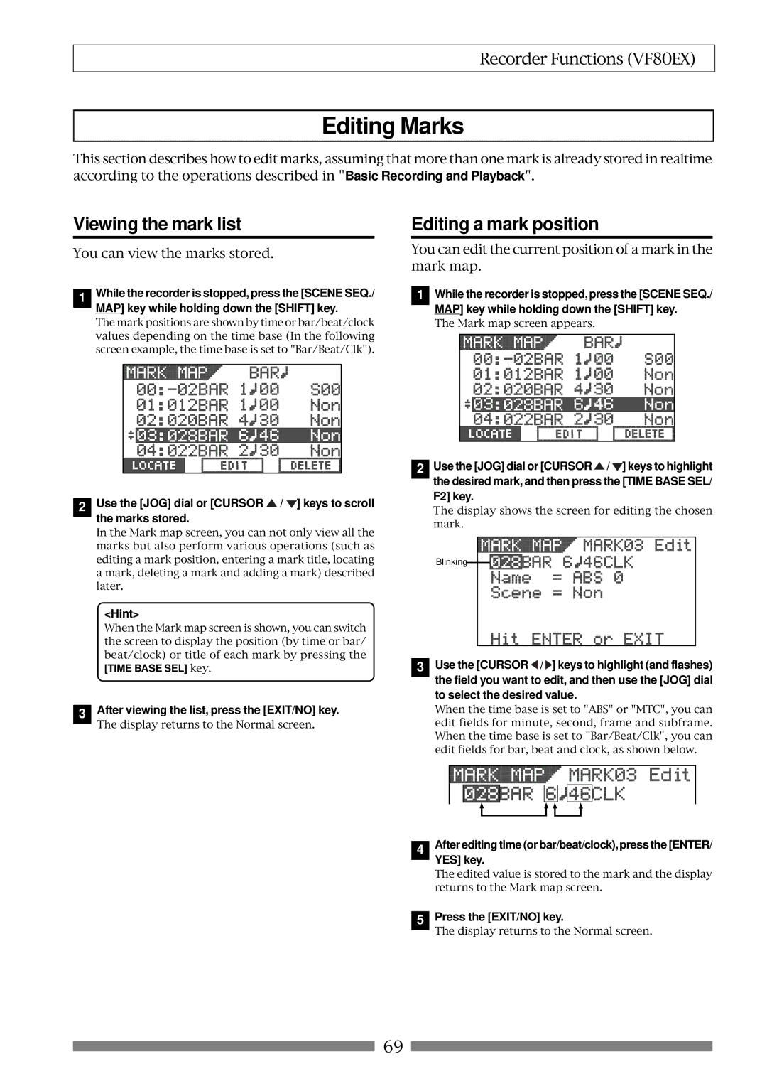 Fostex VF80EX owner manual Editing Marks, Viewing the mark list, Editing a mark position 