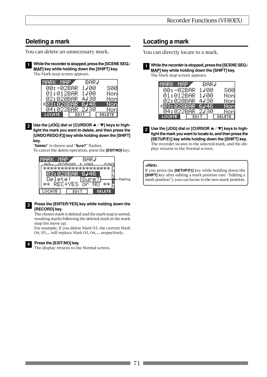 Fostex VF80EX owner manual Deleting a mark, Locating a mark, UNDO/REDO/F3 key while holding down the Shift key 