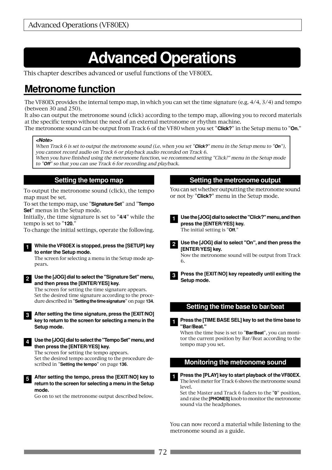 Fostex VF80EX Metronome function, Setting the tempo map, Setting the metronome output, Setting the time base to bar/beat 