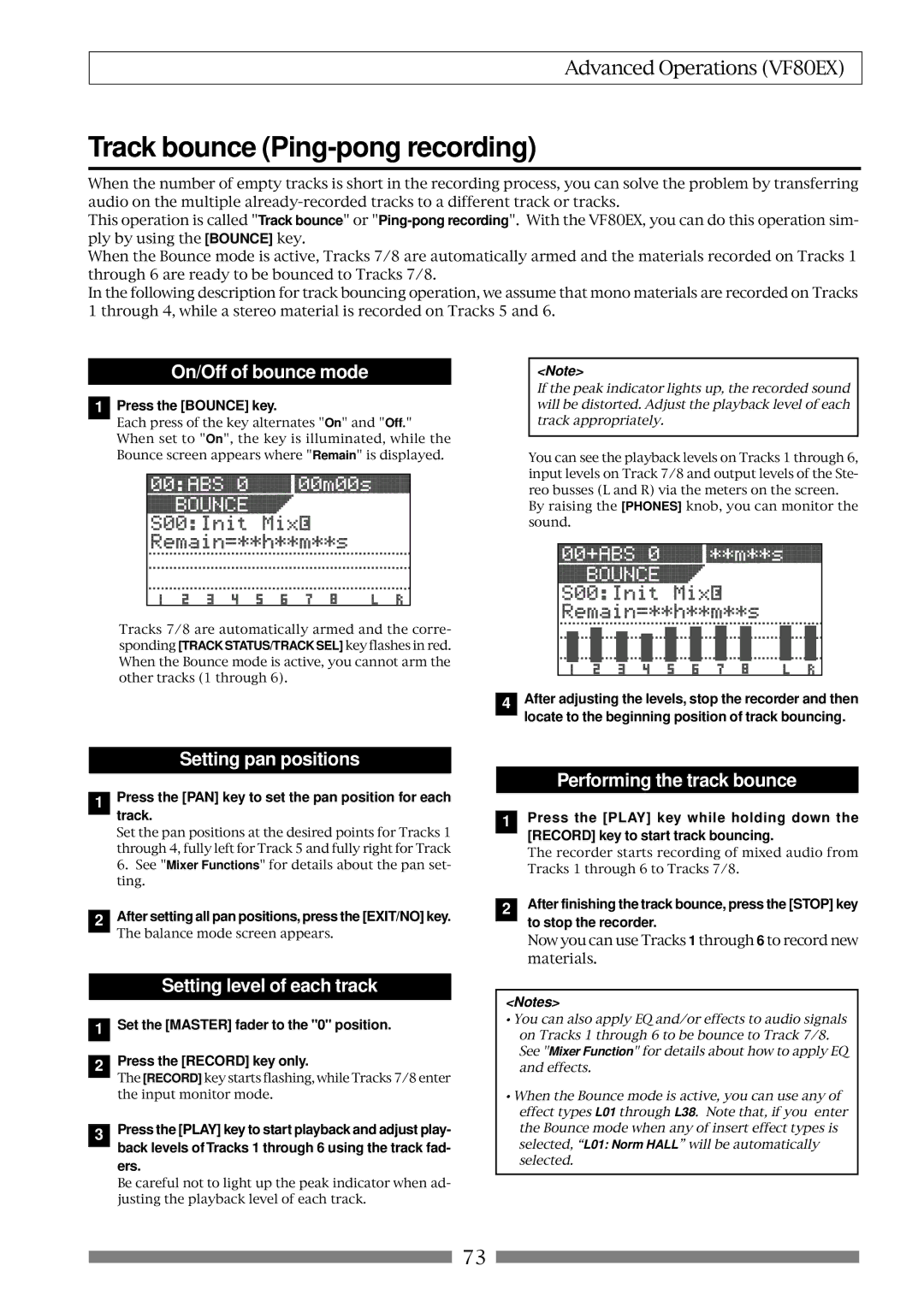 Fostex VF80EX Track bounce Ping-pong recording, On/Off of bounce mode, Setting pan positions, Setting level of each track 