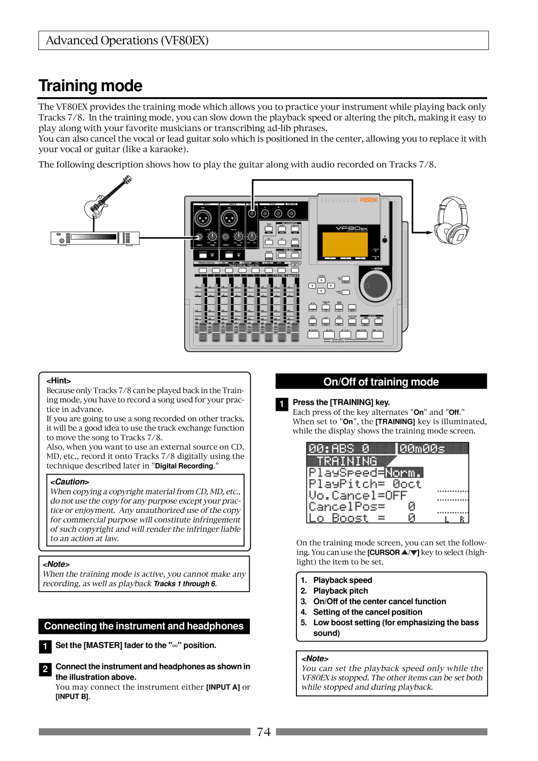 Fostex VF80EX owner manual Training mode, On/Off of training mode, Press the Training key 