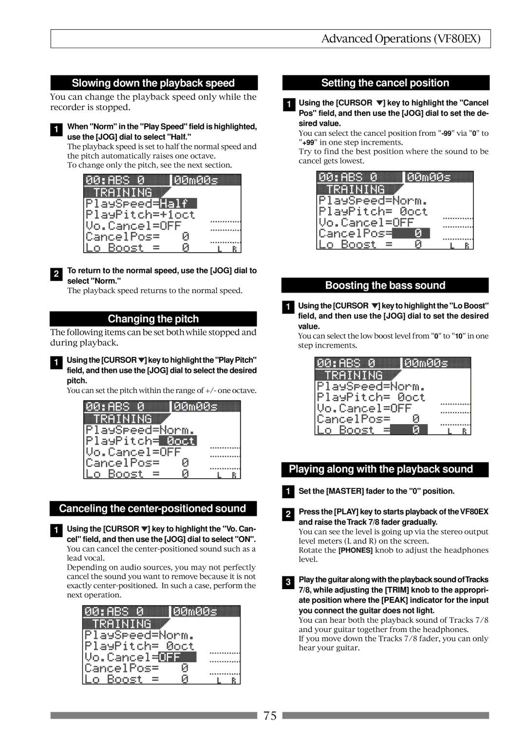 Fostex VF80EX Slowing down the playback speed, Setting the cancel position, Changing the pitch, Boosting the bass sound 