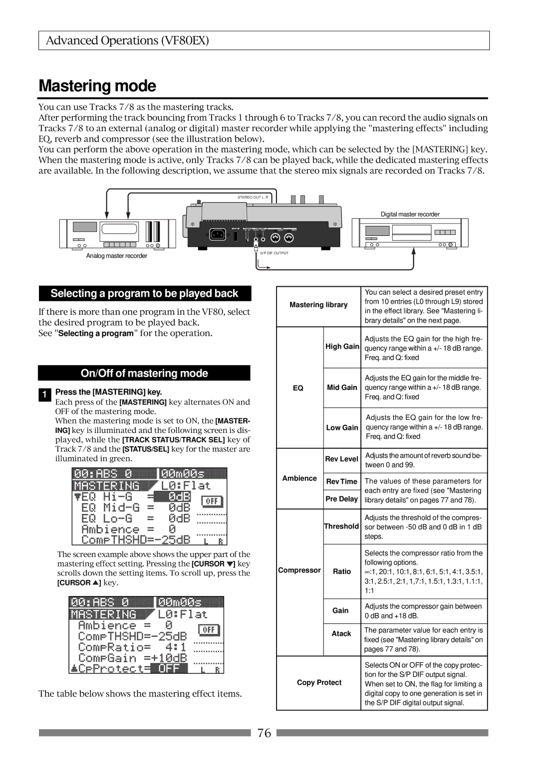 Fostex VF80EX Mastering mode, Selecting a program to be played back, On/Off of mastering mode, Press the Mastering key 