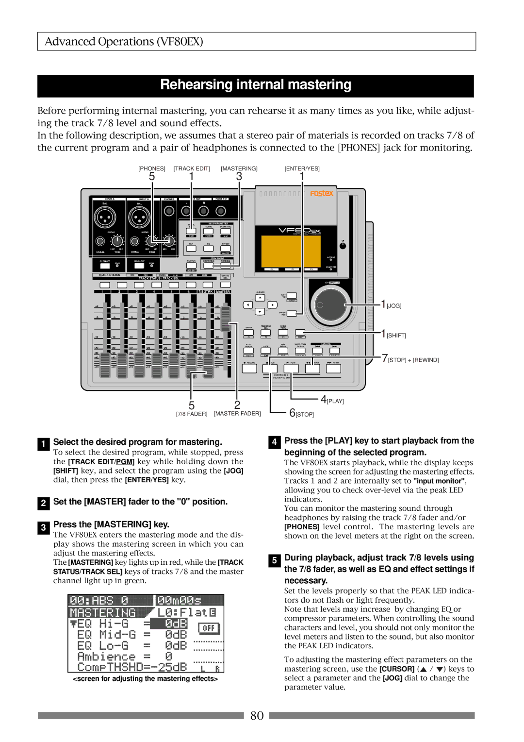 Fostex VF80EX owner manual Select the desired program for mastering, Necessary, Screen for adjusting the mastering effects 