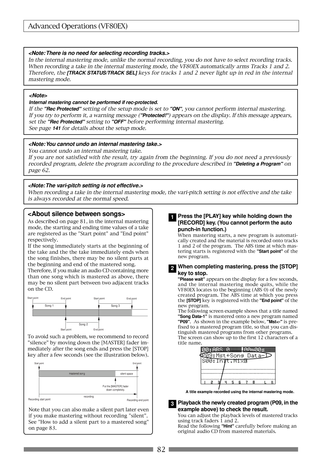 Fostex VF80EX About silence between songs, Punch-in function, When completing mastering, press the Stop Key to stop 