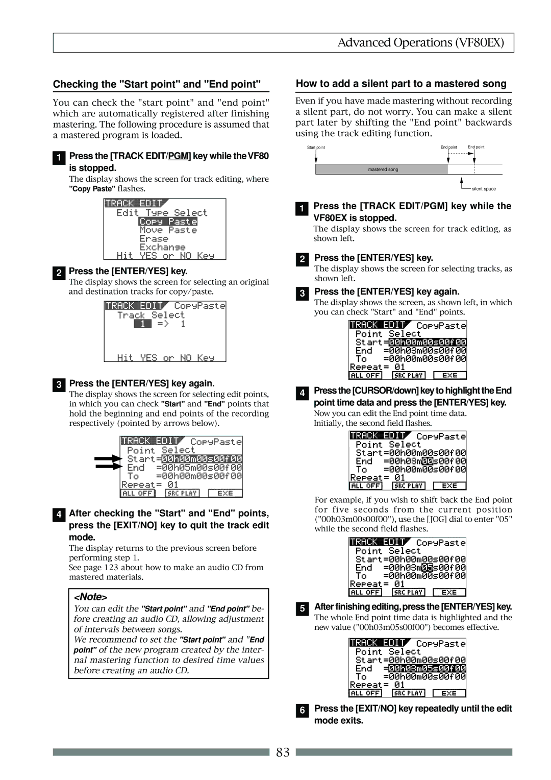 Fostex VF80EX owner manual Press the Track EDIT/PGM key while the VF80 Is stopped, Press the ENTER/YES key 