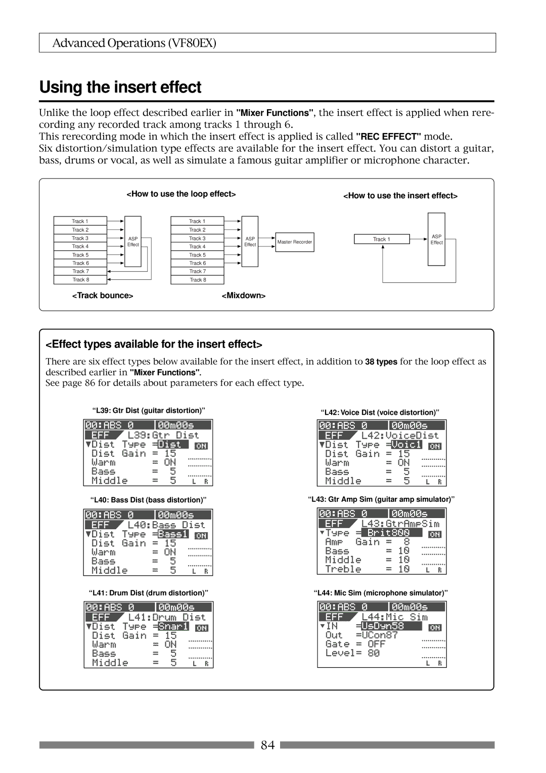 Fostex VF80EX owner manual Using the insert effect, Effect types available for the insert effect, Track bounce 