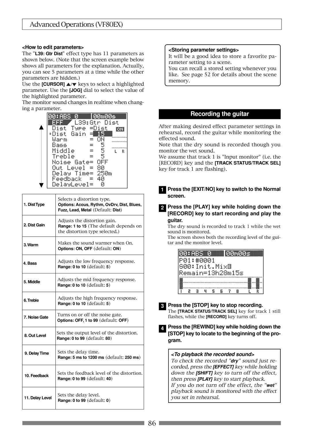 Fostex VF80EX owner manual Recording the guitar, How to edit parameters, Storing parameter settings 