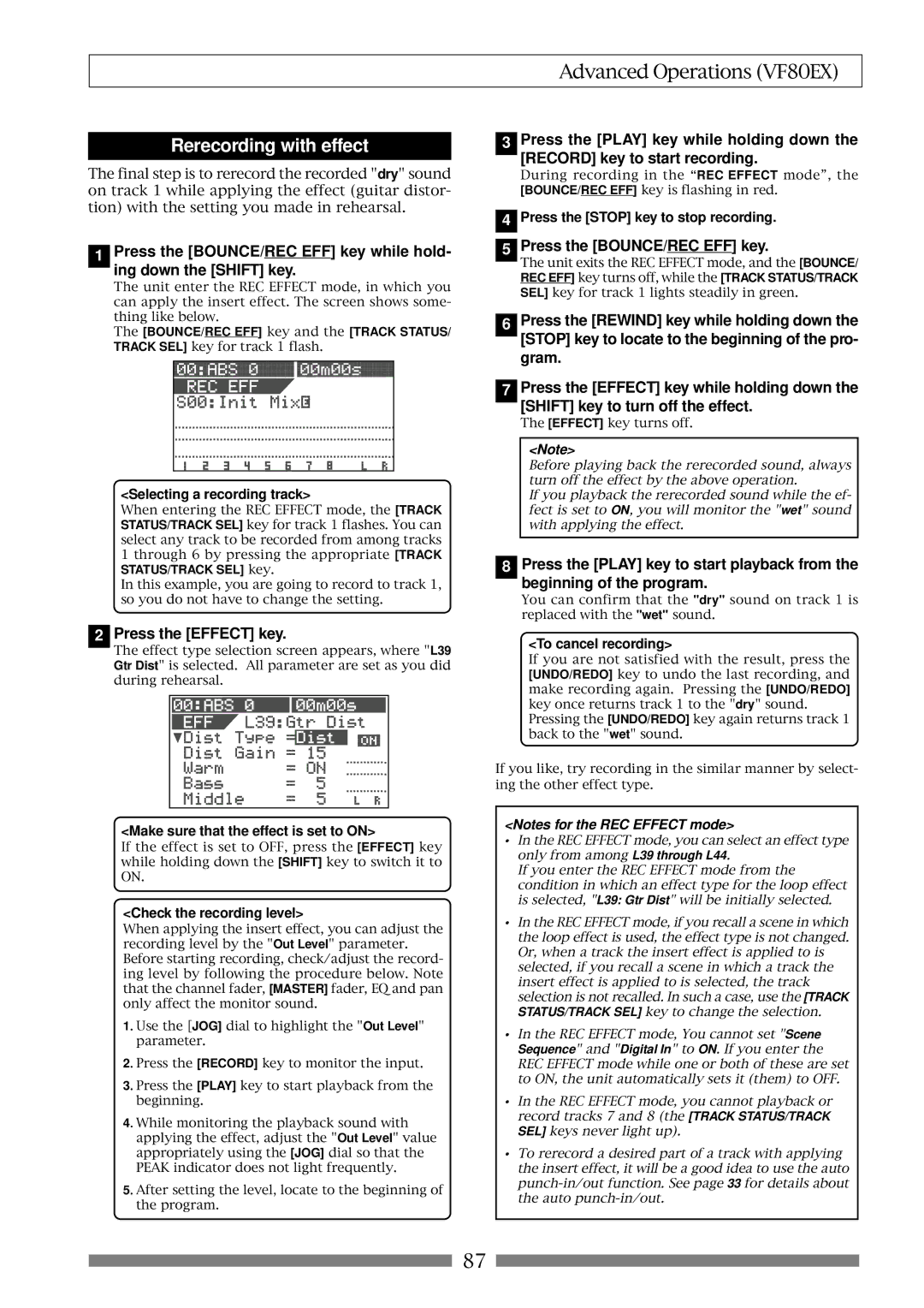 Fostex VF80EX owner manual Rerecording with effect, Press the Effect key, Press the BOUNCE/REC EFF key 