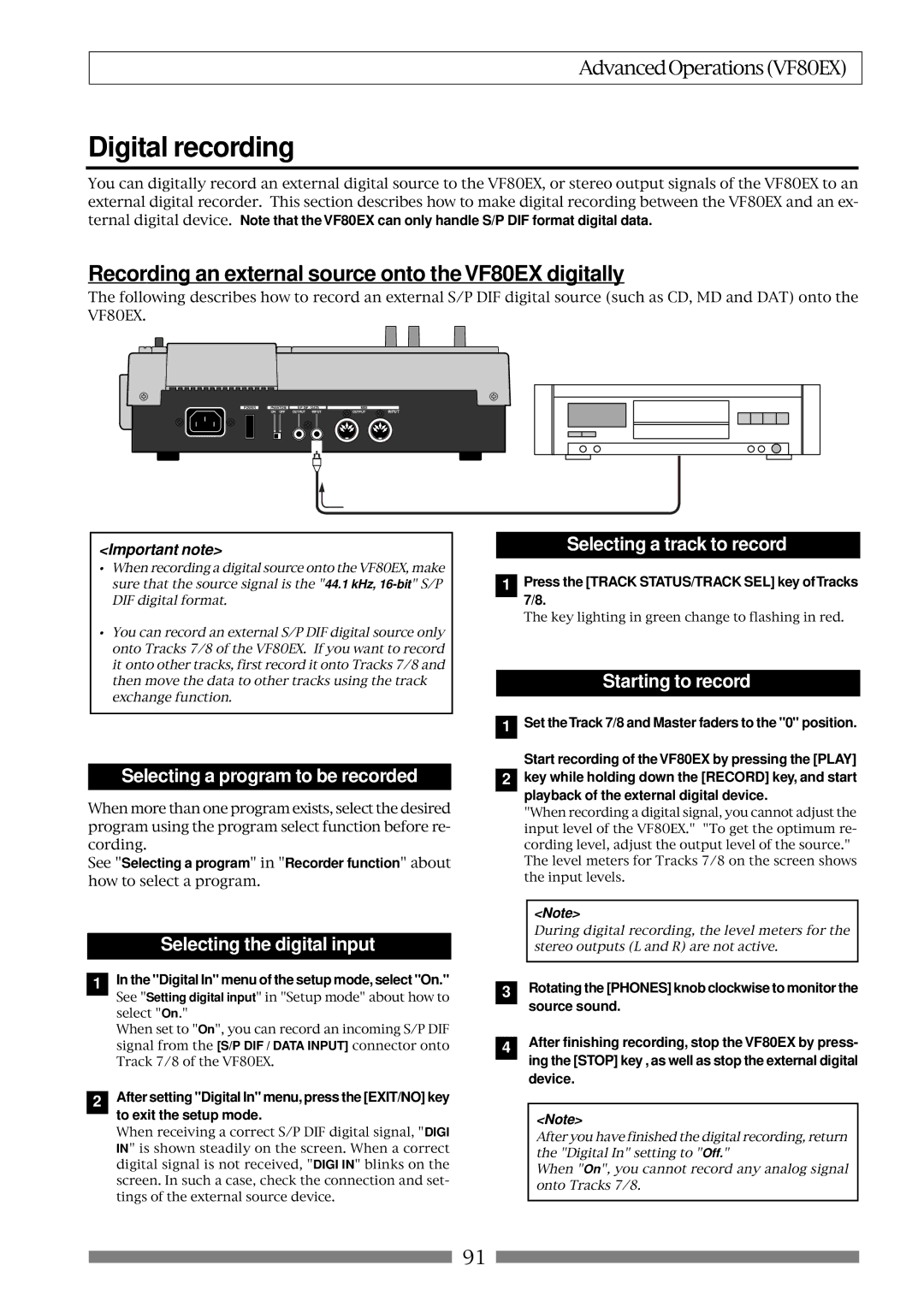 Fostex owner manual Digital recording, Recording an external source onto the VF80EX digitally 