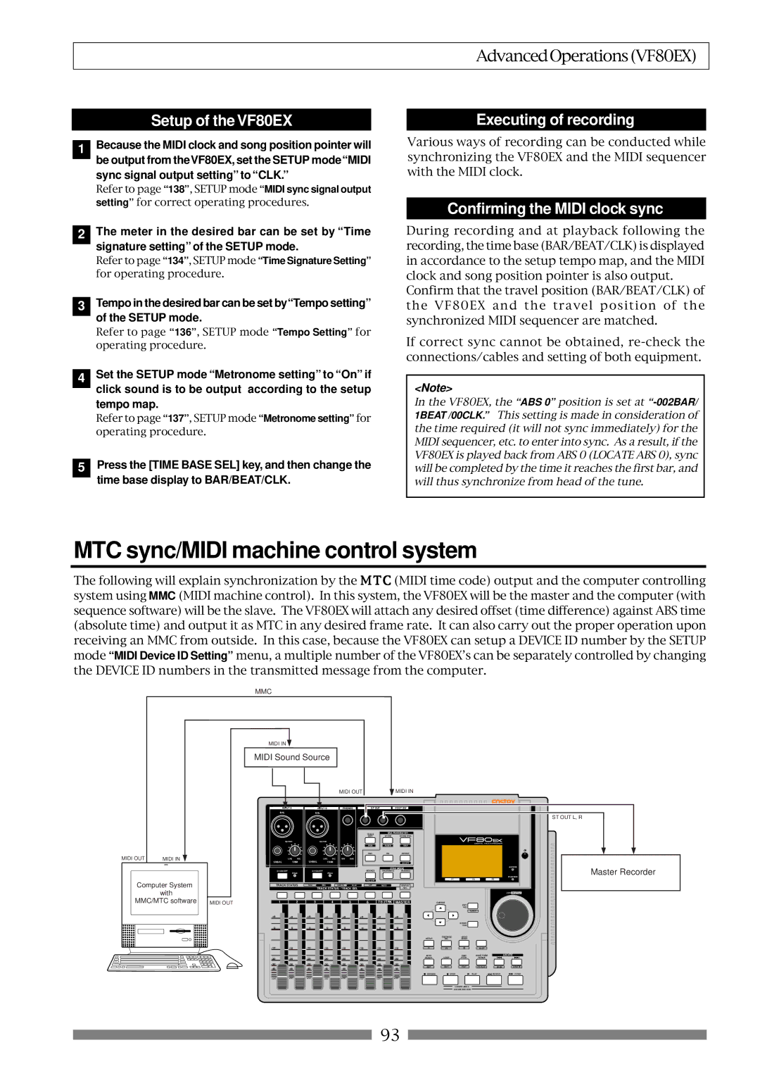 Fostex owner manual MTC sync/MIDI machine control system, Setup of the VF80EX, Executing of recording 