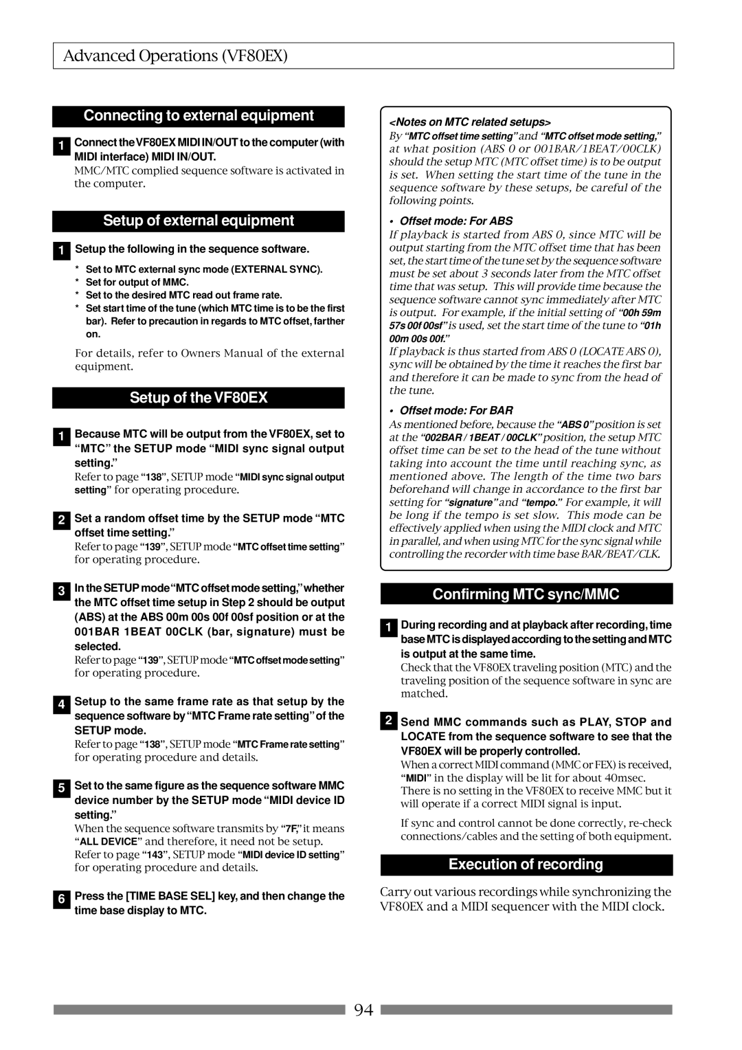 Fostex VF80EX owner manual Connecting to external equipment, Setup of external equipment, Confirming MTC sync/MMC 