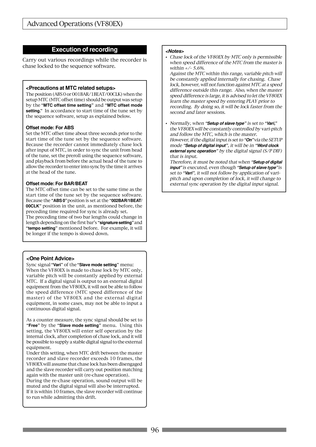 Fostex VF80EX Precautions at MTC related setups, One Point Advice, Offset mode For ABS, Offset mode For BAR/BEAT 