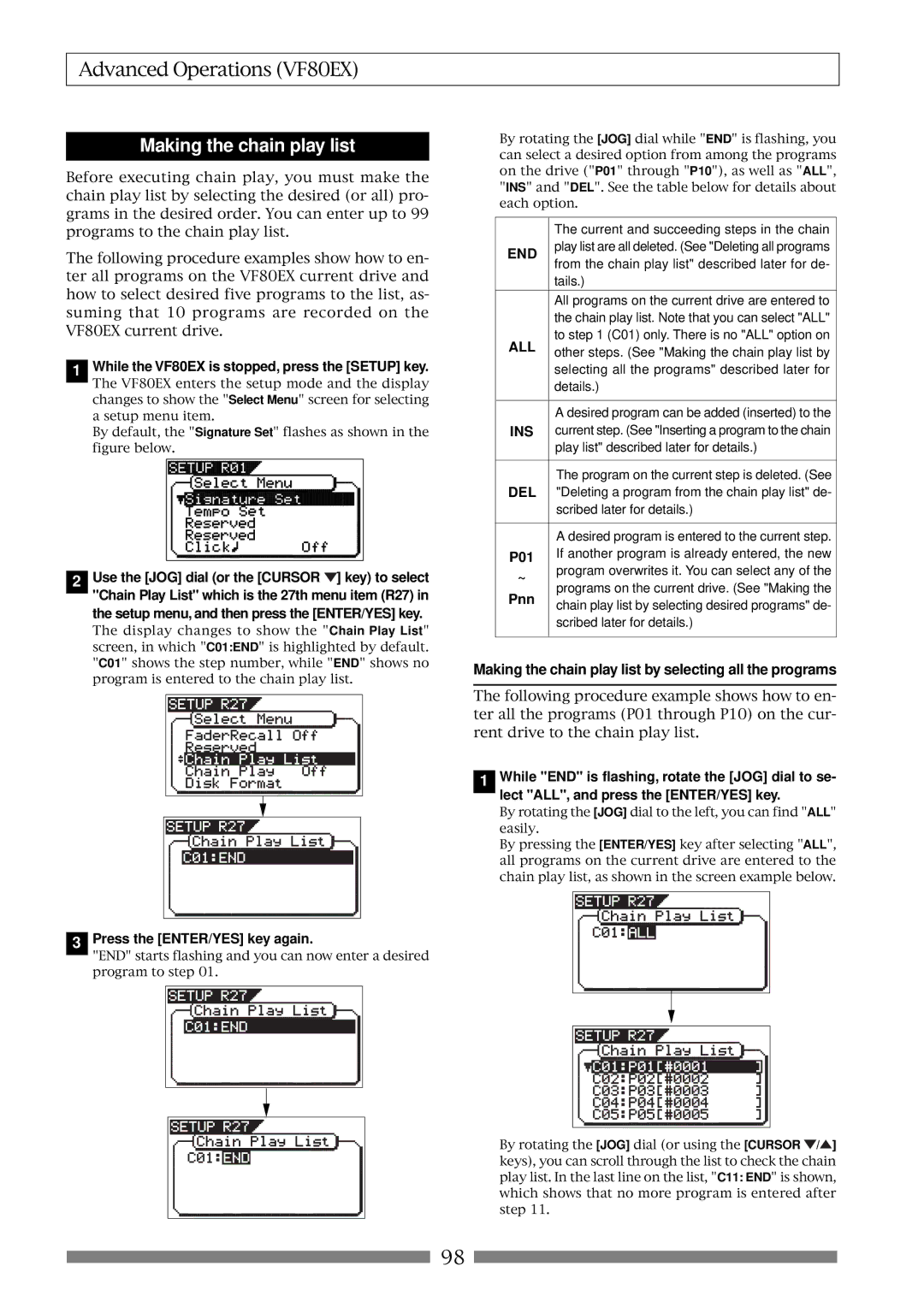 Fostex VF80EX owner manual Making the chain play list by selecting all the programs 