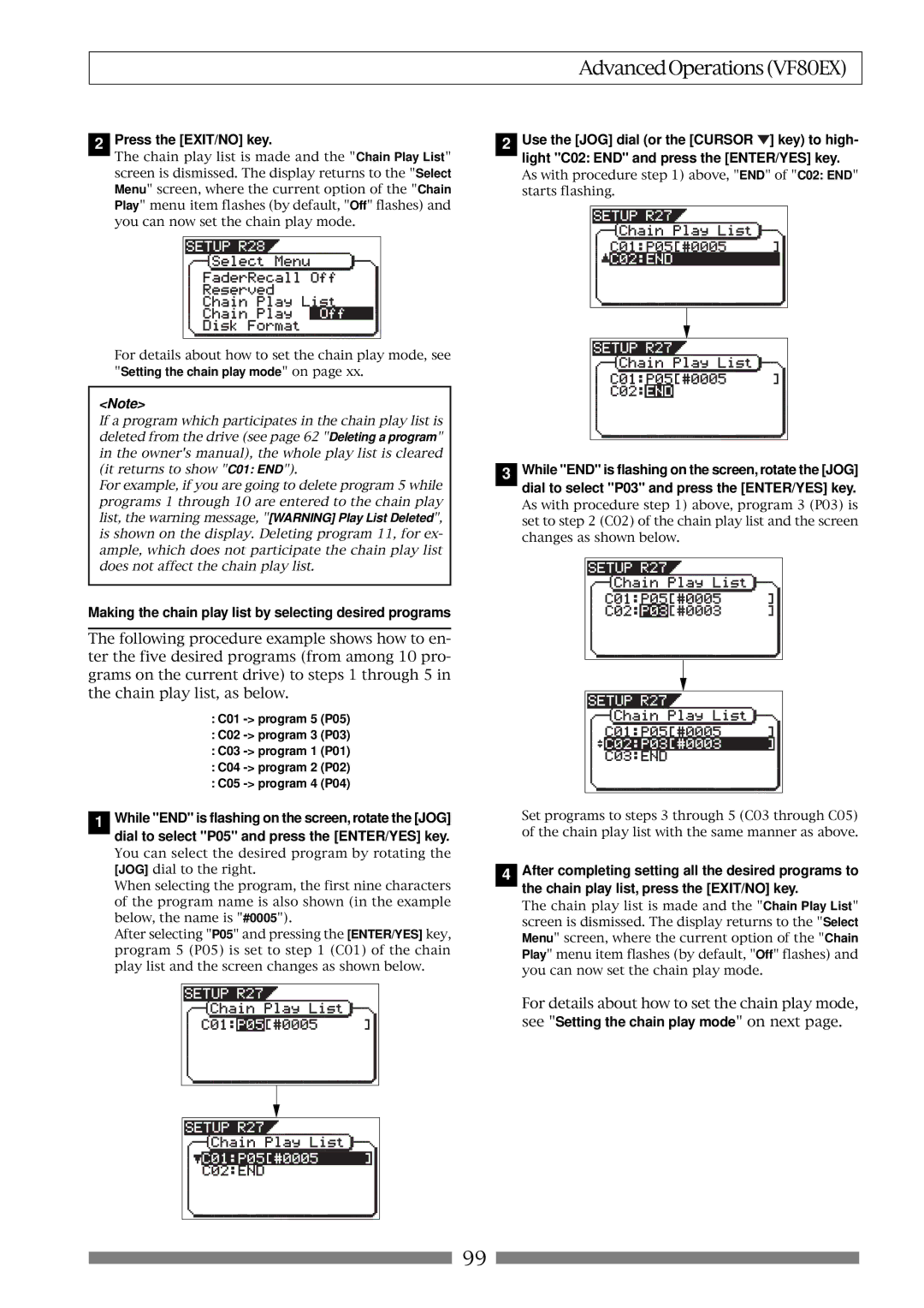 Fostex VF80EX owner manual Making the chain play list by selecting desired programs 