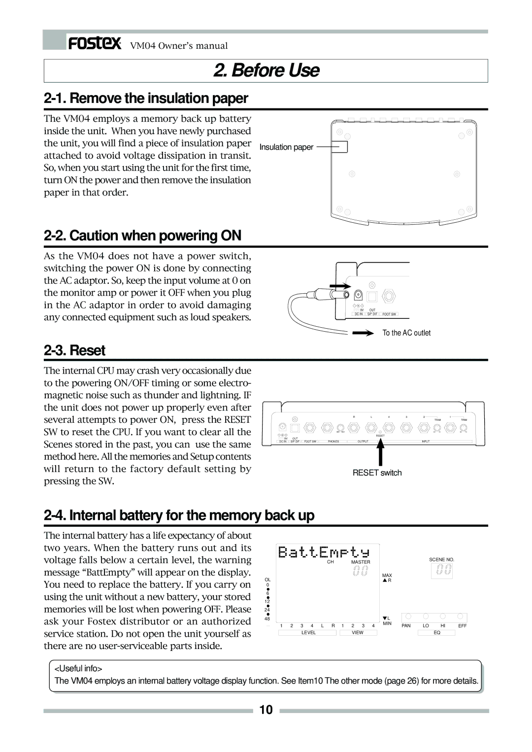 Fostex VM04 owner manual Before Use, Remove the insulation paper 