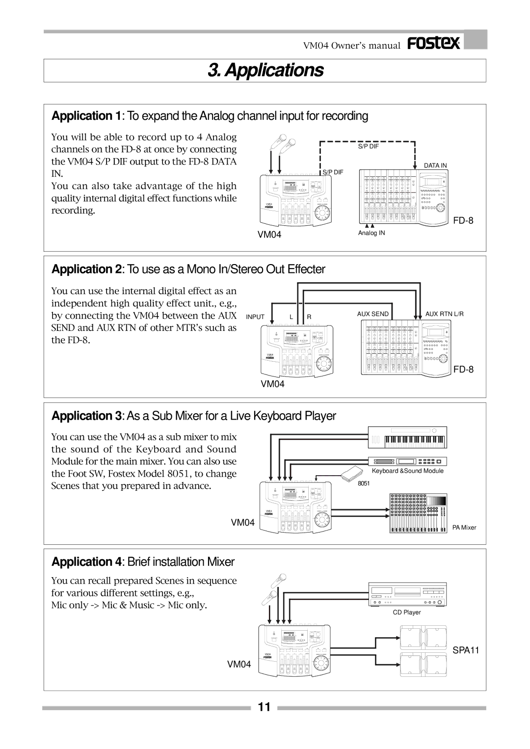 Fostex VM04 owner manual Applications, Application 2 To use as a Mono In/Stereo Out Effecter 