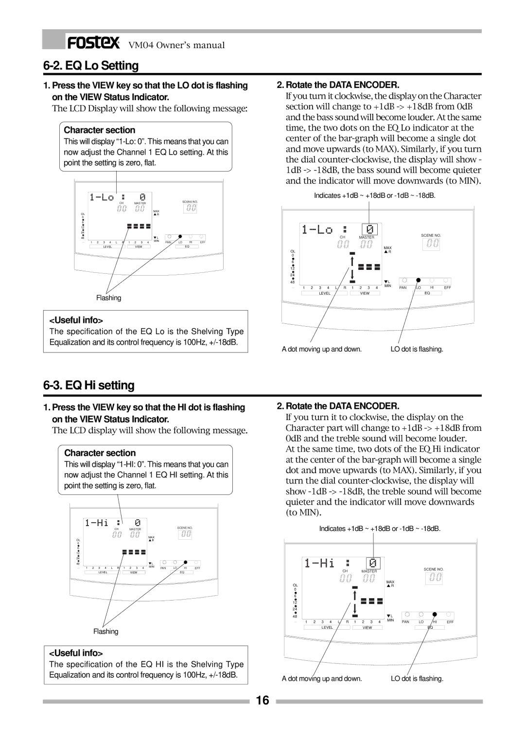 Fostex VM04 owner manual EQ Lo Setting, EQ Hi setting 