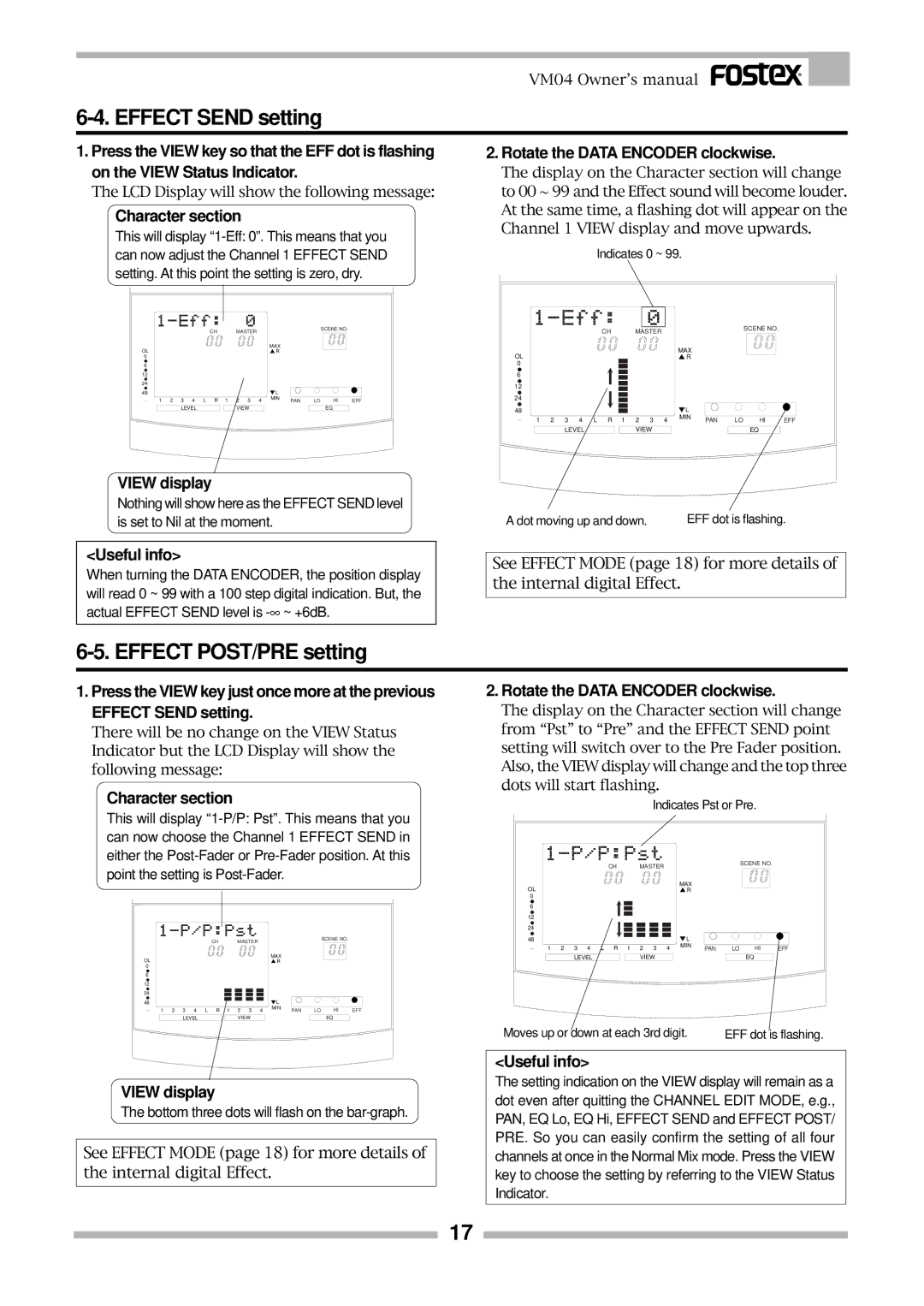 Fostex VM04 owner manual Effect Send setting, Effect POST/PRE setting, Rotate the Data Encoder clockwise 