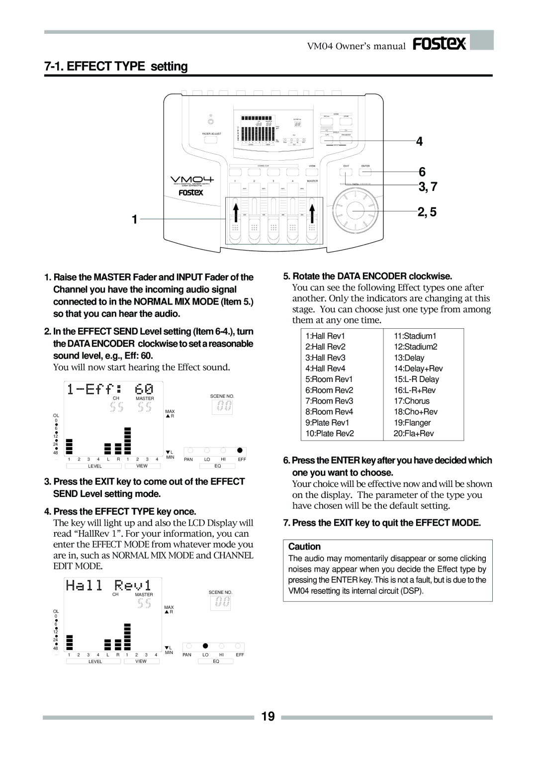 Fostex VM04 owner manual Effect Type setting, One you want to choose, Press the Exit key to quit the Effect Mode 