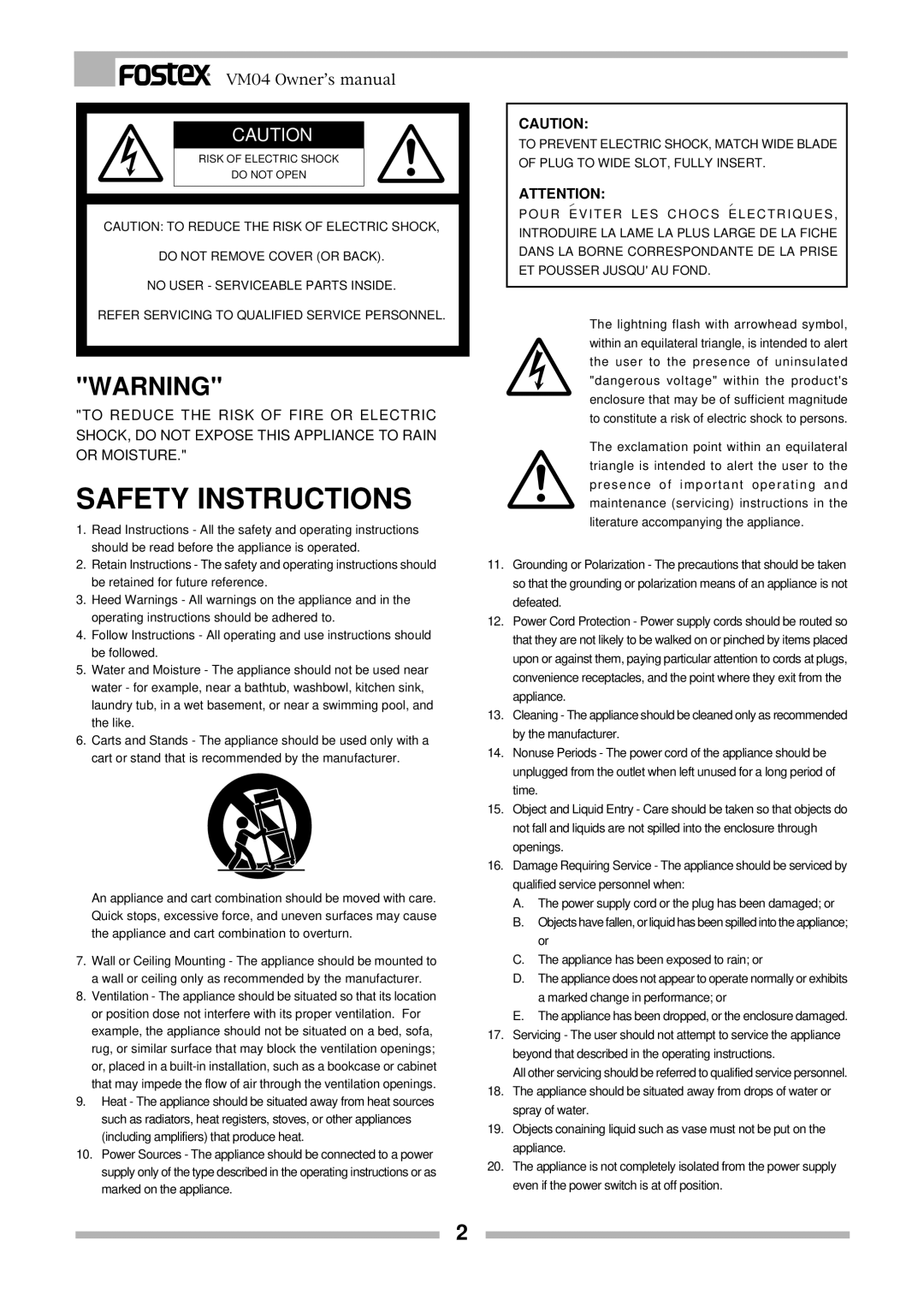 Fostex VM04 owner manual Safety Instructions 