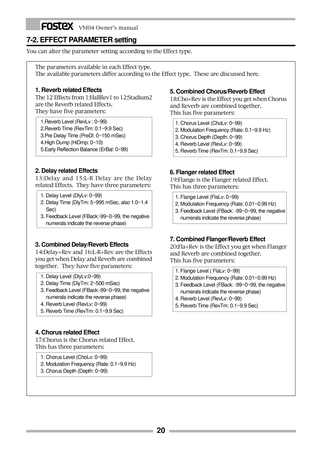 Fostex VM04 owner manual Effect Parameter setting 