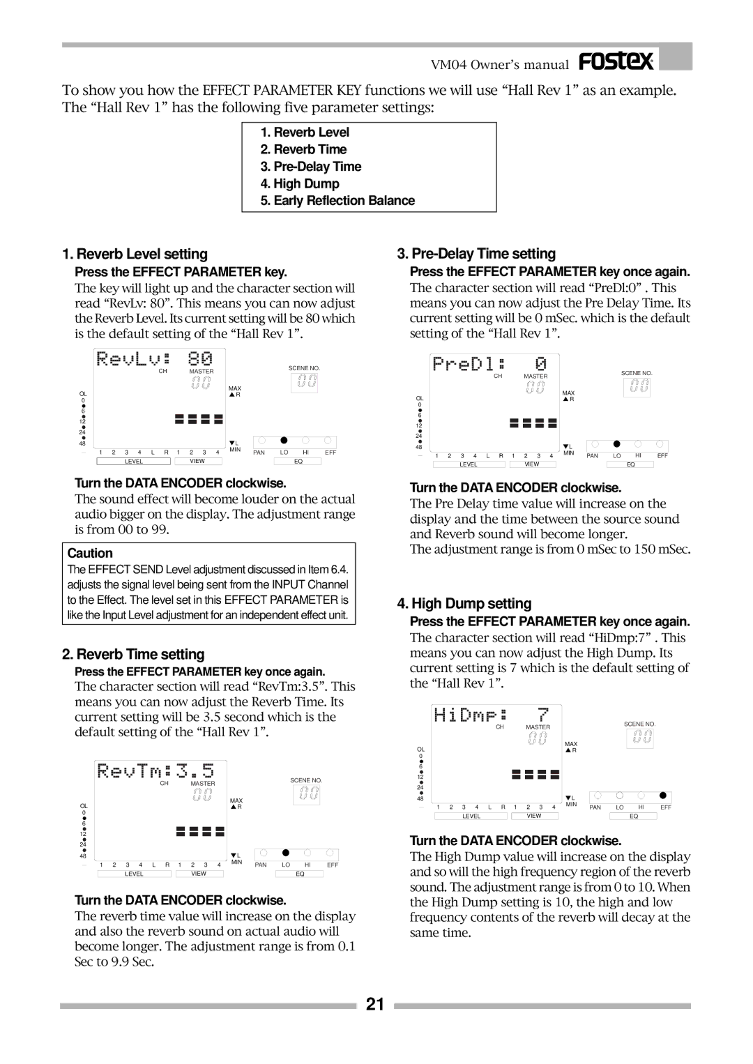 Fostex VM04 owner manual Reverb Level setting, Pre-Delay Time setting, Reverb Time setting, High Dump setting 