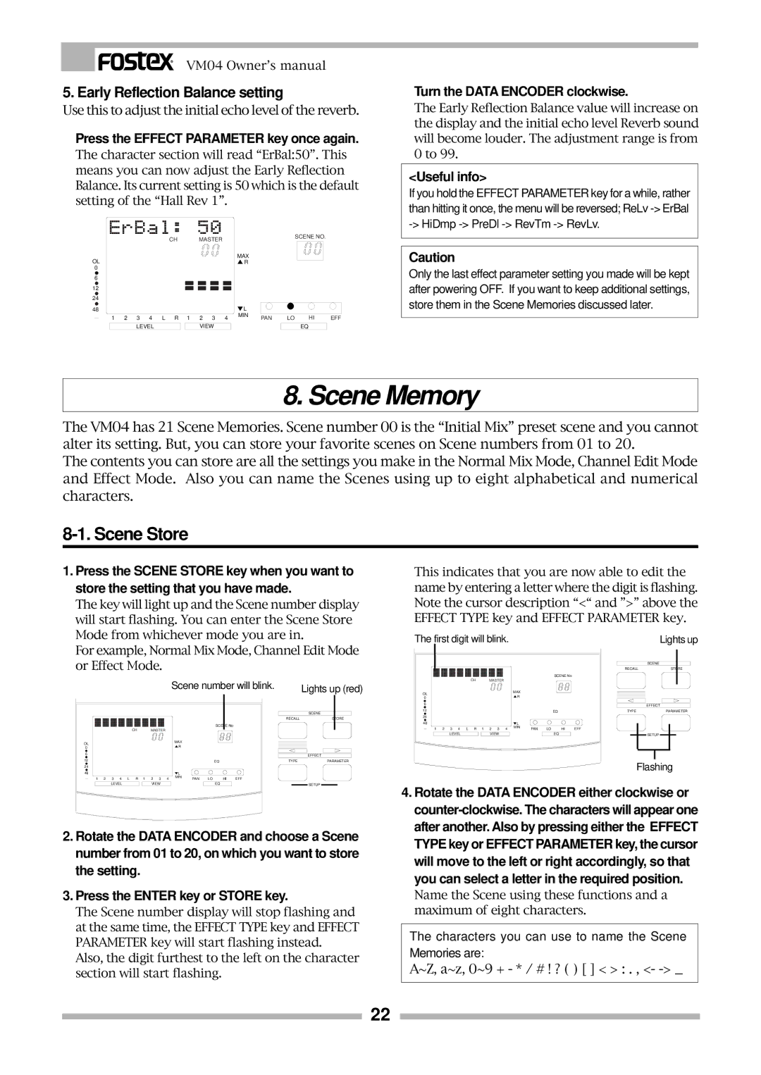 Fostex VM04 owner manual Scene Memory, Scene Store, Early Reflection Balance setting, Store the setting that you have made 